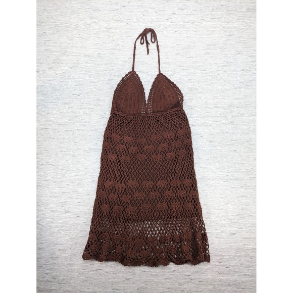 Boho Crochet Babydoll Dress Halter SMALL brown Lined Fit Flare Stretch Milkmaid - Picture 6 of 7